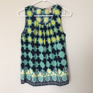 Blue yellow and teal patterned blouse